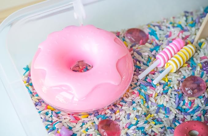 Sweets Shop Sensory Bin Kit for Kids – Bright Rainbow Rice, Candy Erasers, Donut Containers & Wooden Tools – Includes Clear Storage Bin