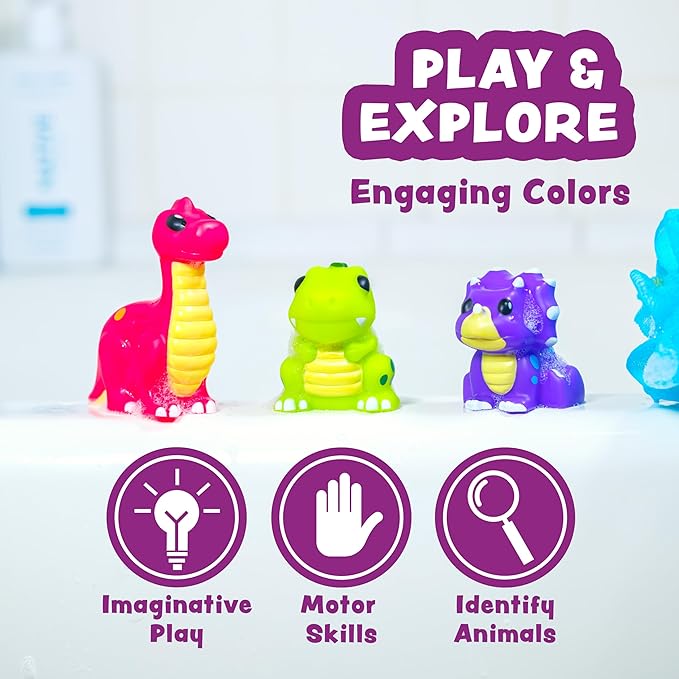 Tub Works® Dinosaur Mold Free Bath Toys, 12 Pack | Sealed, No Hole Bath Toys Design Keeps Moisture Out | Soft, Squeezable & Float on Water | Easy-Grip Baby & Toddler Bath Toy Set | Baby Pool Toys