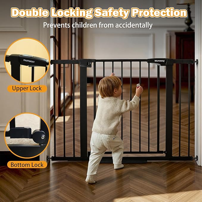 Mumeasy 29.6-46" Baby Gate for Stairs, Pressure Mounted Dog Gate for Doorways, Auto Close Pet Gate for Indoor Use, Extra Wide Child Gate with Walk Thru Door Black, Mom's Choice Awards Winner