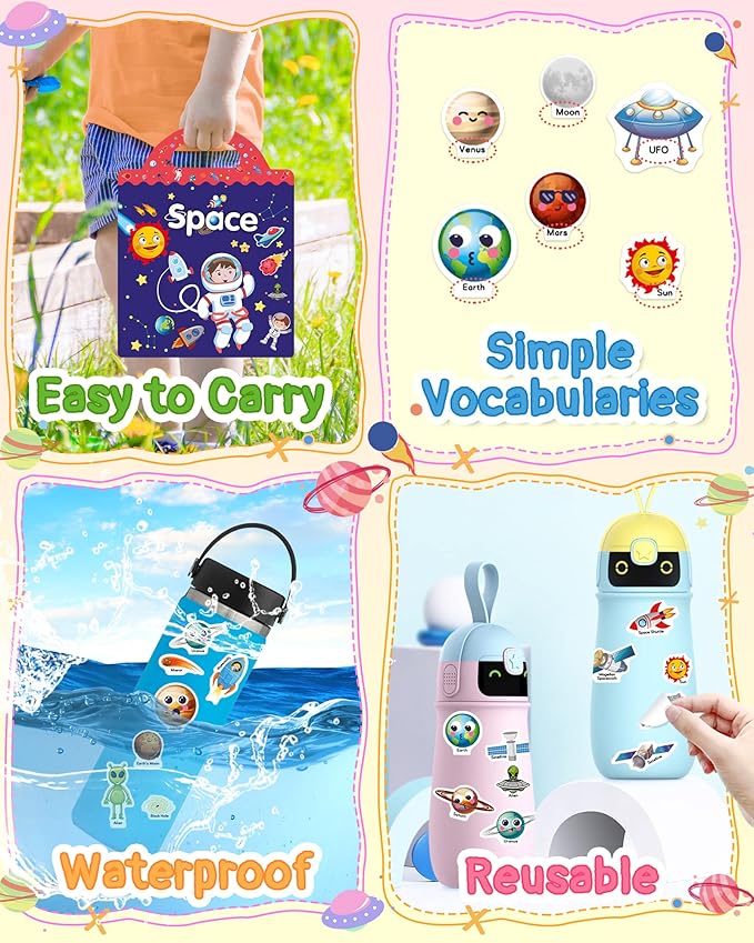 Benresive Reusable Sticker Books for Toddlers, Fun Travel Stickers for Kids, Toddler Sticker Book, Crafts Activities for Toddlers, 3 and Up Birthady Gifts - Space
