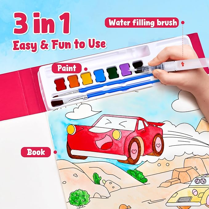 JoyCat Paint with Water Coloring Books for Toddlers, Watercolor Painting Sets for Kids Ages 3-5 4-8, Arts and Crafts Drawing Activities Toy Birthday Gift for Boys Girls (Transportation)