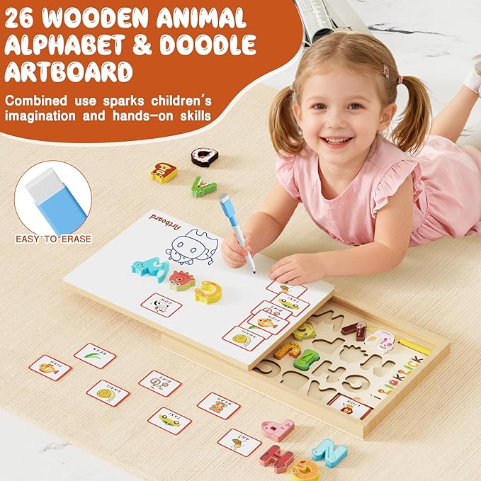 Wooden Montessori Toys with Storage Box for 3-5 Year Old, 4 in 1 Toddlers Educational Learning Toy- Magnetic Color and Number Maze, Animal Alphabet Puzzles, Drawing Board for Kids Boys Girls