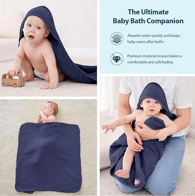 Hooded Baby Towels – Pack of 2 | 100% Muslin Cotton 35x35 in Larger for Better Comfort | Soft & Absorbent Newborn Bath Towel | Large Baby Hooded Towels for Boys & Girls | Baby Shower | Better Quality