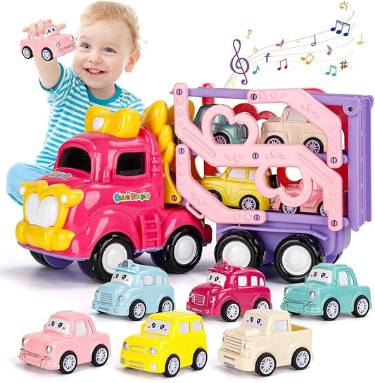 Car Toys for Toddler Girls 2, 3 Year Old, 7-in-1 Carrier Truck Toy with Light & Music, 3-Layer Transport Truck for 2 3 4 5 Girls, Preschool Educational Toys for 2 3 4 5 Year Old Girl
