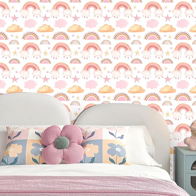 Boho Peel and Stick Wallpaper Watercolors Rainbow Wall Paper Removable Self-Adhesive Contact Paper for Girls Bedroom Art Mural Cabinets Art Vinyl Films Baby Nursery Covering Stickers 15.7x62.9IN
