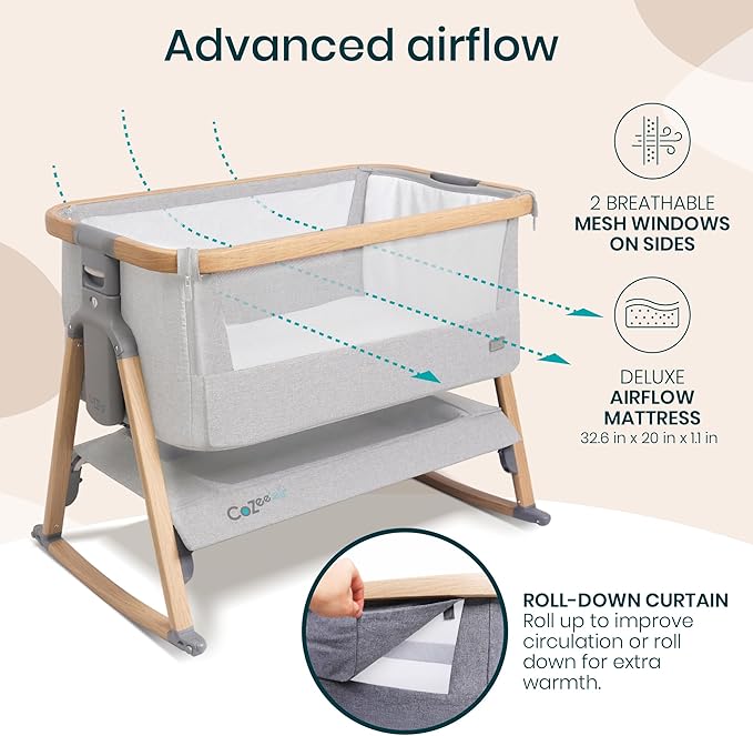 Tutti Bambini CoZee® Air Baby Bassinet & Bedside Sleeper - Rocking Bassinet for Baby, Fast-Folding with Travel Bag, Deluxe Airflow Mattress & 6 Mattress Heights, 0-6 Months (Silver & Oak)