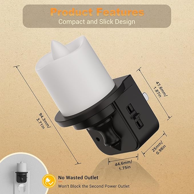 JandCase Flameless Candle Night Light, 2 Pack Night Lights Plug into Wall, 3000K Soft White, 0-100LM Dimmable Nightlight, Dusk to Dawn Sensor Light for Dinning Room, Living Room, Bathroom, Hallway