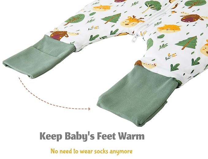 Toddler Sleep Sack with Feet 2-3 T, 2.5 TOG Cotton Baby Wearable Blanket with Legs, Winter Sleep Bag Walker with 2-Way Zipper, Forest Animals+Green