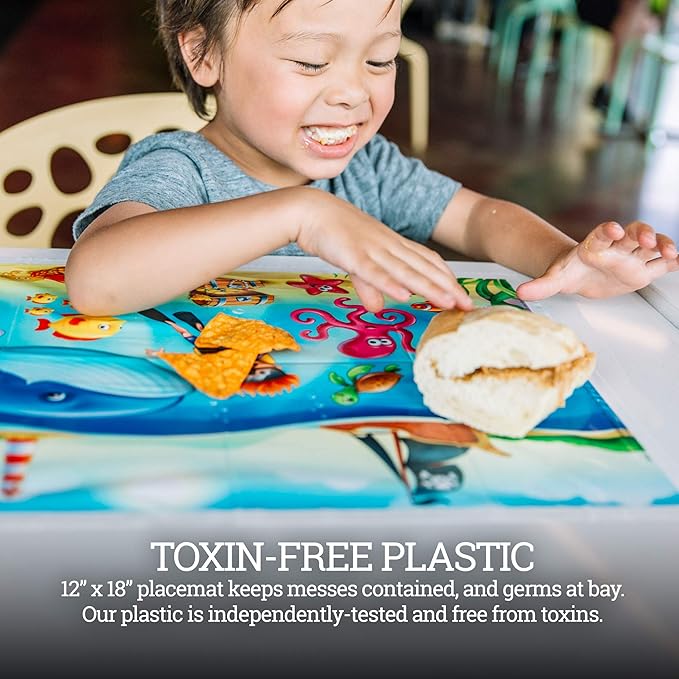 20 Pack Disposable Placemats for Baby, 3 Design Pack Baby Eating Mat, 12" x 18" Sticky Kids Placemats, Toddler Placemat for Restaurants, Plastic Kids Placemat for Dining Table