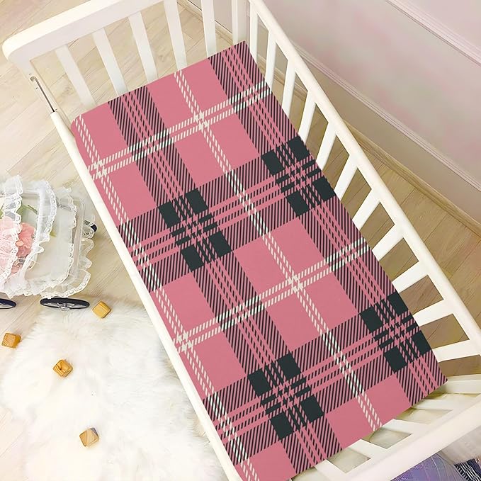 Baby Crib Sheets Fitted Crib Sheet Standard Crib and Toddler Mattress for Boys Girls 39 * 27in Pink Starfish Shell Pattern (Pink and Black Plaid 33, Small)