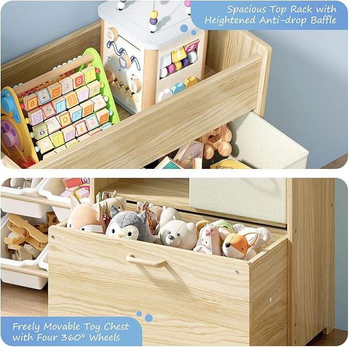 EXPERLAM Toy Storage Organizer for Kids, 9-Bin Toy Organizer with 2-Drawers, Movable Toy Chest and Top Rack, Multifunctional Kids Bookshelf and Toy Storage for Playroom, Bedroom, Nursery, White