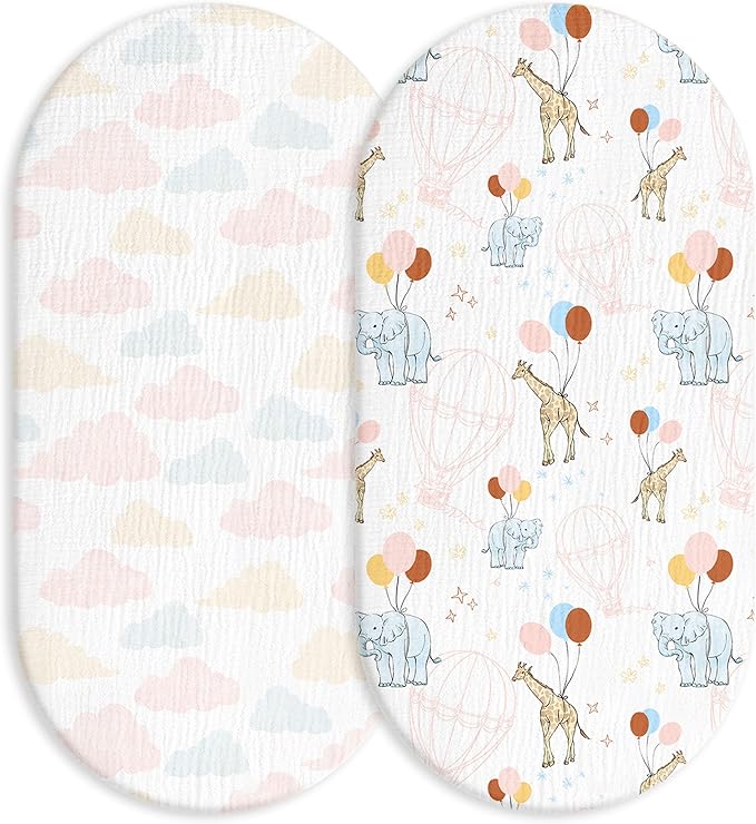 Muslin Bassinet Fitted Sheets, 2 Pack for Baby Boy and Girl, Soft Breathable Baby Pad/Mattress Sheet, Fit for Hourglass Oval and Rectangle Bassinet Mattress (Cute Animals)