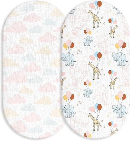 Muslin Bassinet Fitted Sheets, 2 Pack for Baby Boy and Girl, Soft Breathable Baby Pad/Mattress Sheet, Fit for Hourglass Oval and Rectangle Bassinet Mattress (Cute Animals)