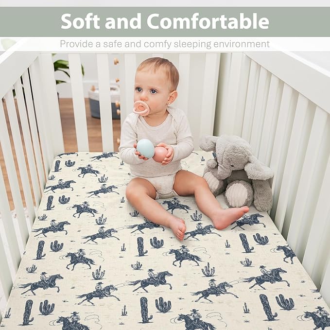 Vintage Western Cowboys Baby Crib Sheets for Boy Girl 52"x28" Retro Cowboy Horse Cactus Soft Stretchy Fitted Crib Mattress Cover Wild Desert Nursery Baby Sheet Fits Crib and Toddler Bed Mattresses