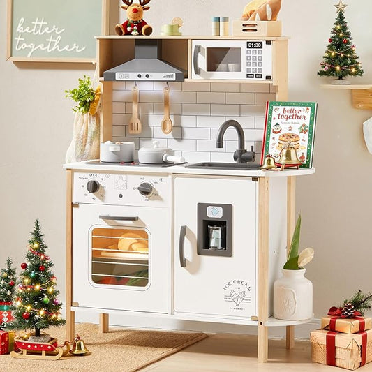 Tiny Land Play Kitchen for Kids, Wooden Kids Play Kitchen Playset Chef Pretend Play Set for Toddlers with Real Lights & Sounds, Toys Kitchen with 18 Pcs Toy Food & Cookware Accessories