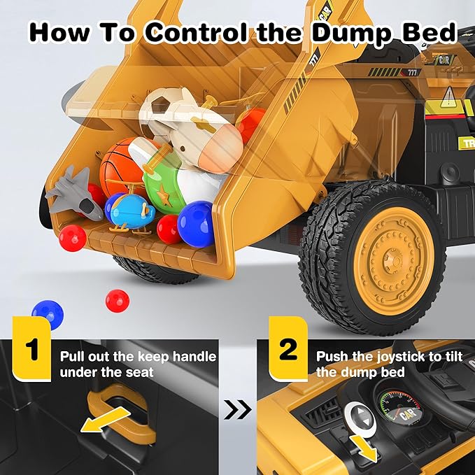 ANPABO 24V Ride On Dump Truck, 2X75W Powerful Motors, Up to 4.4Mph, EVA Tires, Construction Vehicle w/Electric Dump Bed and Extra Shovel, 19" Spacious 2 Seater, Kids Car w/Parent Remote -Yellow