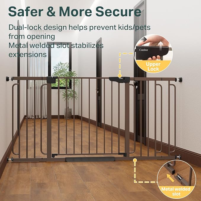 Cumbor 36.6-64" Extra Wide Baby Gate for Stairs, Dog Gates for Doorways, Auto-Close Pet Gate Indoor, Pressure Mounted Walk Through Safety Child Gate for Kids Toddler, Tall Pet Puppy Fence Gate, Brown