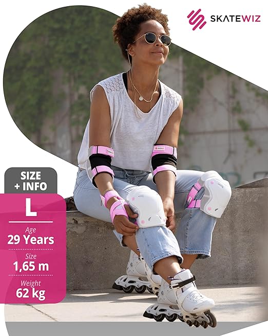 SKATEWIZ Knee Pads for Kids - Knee and Elbow Pads Set - PROTECT-1 - Size S Pink White - Wrist Guards Skating Protective Gear, Skateboard, Roller Skate, Ice Skates For Kids