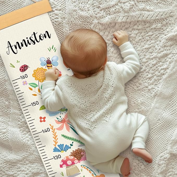 Woodemon Personalized Name Growth Chart for Wall, Flower Birds Canvas Height Chart for Kids Baby Child Toddler Boys Girls, Canvas&Wood Growth Chart for Wall Room Nursery Decor,Easy Care