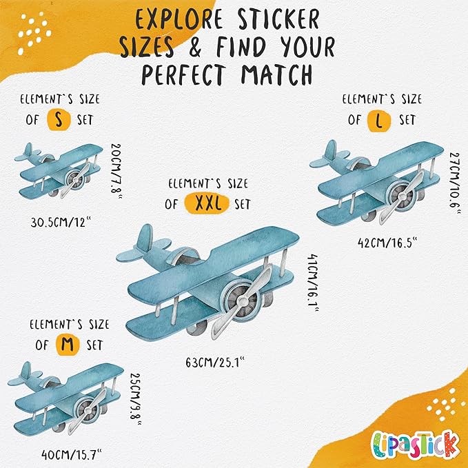Airplane Wall Decals by Lipastick - 47-Piece Watercolor Vintage Plane Stickers for Kids, Boys Room, Baby Nursery, Toddler Bedroom Decor - Premium Vinyl Aircraft Art - XXL Size