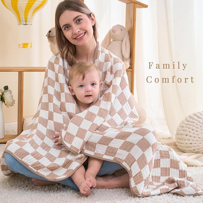 6-Layer Muslin Toddler Blanket - Made with Organic Cotton, Large 50x60 Crib Quilt & Bedding for Kids & Moms (Coffee Checkered)