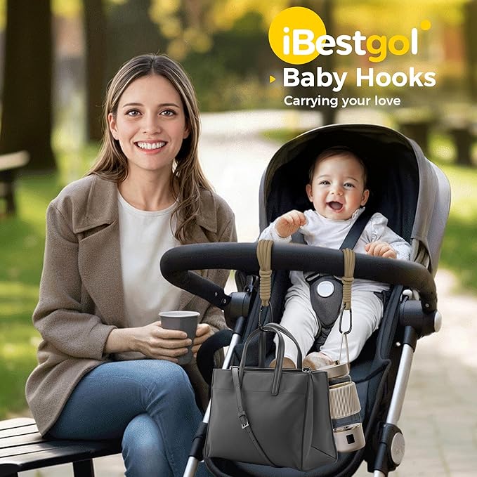 Baby Stroller Hooks, Universal Clips for Diaper and Mommy Bags, Heavy-Duty Hangers with Straps, Practical Stroller Accessory for Moms, Black-4pc