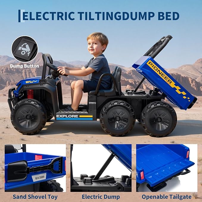 24V 4WD Electric Dump Truck for Kids, 2 Seater Remote Control Ride On Car with Dump Bed, All Terrain Vehicle Toy for Boys & Girls 3-8 Years Old, Blue