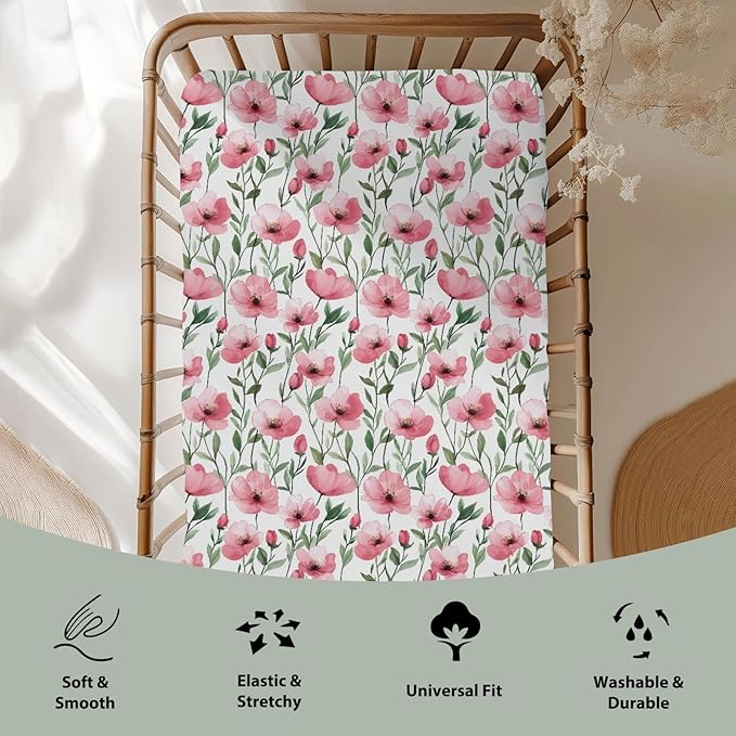 Watercolor Red Poppies Baby Crib Sheets for Boy Girl 28"x52" Vintage Poppies Flowers Soft Stretchy Fitted Crib Mattress Cover Spring Summer Baby Sheet Fits for Standard Crib and Toddler Mattress