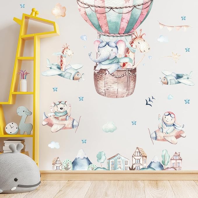 Ollaland Flying Animals Wall Decals - Peel and Stick Hot Air Balloon Animals Wall Stickers, Aircrafts Decor for Baby Nursery, Toddler & Kids Bedroom Walls - Airplanes, Elephant, Giraffe, Bear