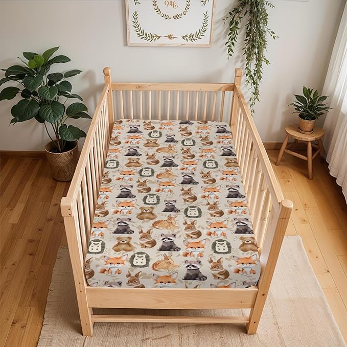 Vintage Animals Boho Floral Baby Crib Sheets for Boy Girl 28"x52" Bear Raccoon Deer Rabbit Hedgehog Leaves Soft Snug Fitted Crib Mattress Cover Baby Sheet for Standard Crib & Toddler Bed Mattress