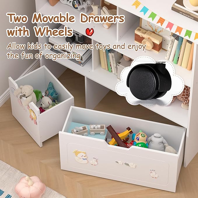 BRINJOY Toy Storage Organizer with 2 Movable Drawers, 3-Shelf Kids Bookcase Children's Toy Chest Cabinet for Playroom Bedroom Daycare Nursery School, 5 Cubes Montessori Bookshelf