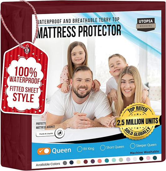 Utopia Bedding Waterproof Mattress Protector Queen Size, Premium Terry Mattress Cover 200 GSM, Breathable, Fitted Style with Stretchable Pockets (Burgundy)