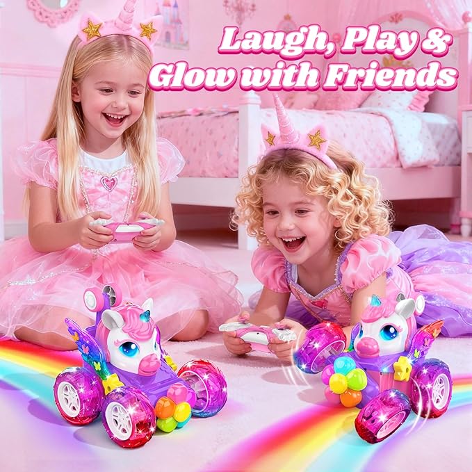 Unicorn RC Cars for Girl Toys with Glowling Crystal Wings &Eyes Lights,360°Rotation Remote Control Car Unicorn Stunt Car,Indoor Outdoor Toys Stocking Stuffers Gifts for 3 4 5 6 7 8 9+Year Old Girls