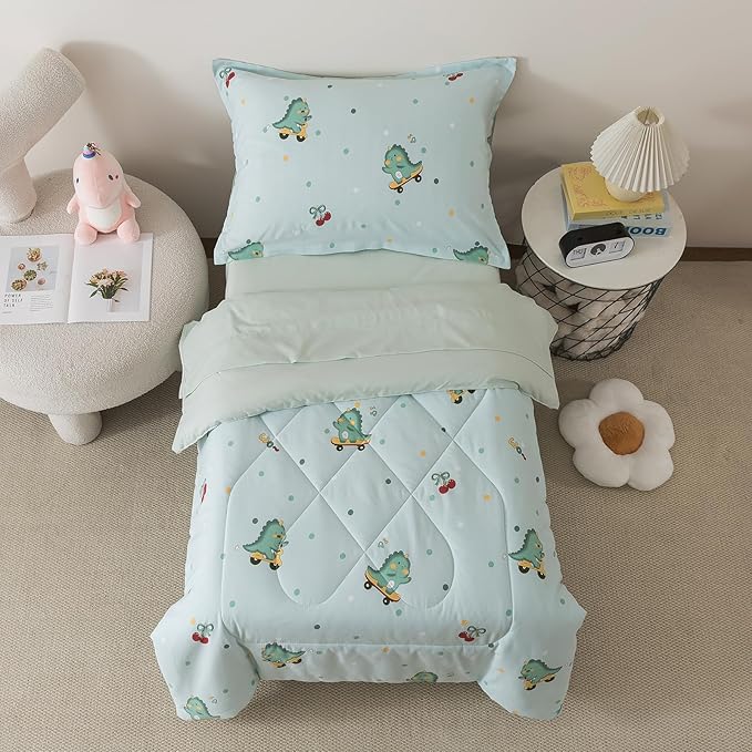 Caressma 5 Pieces Twin Size Comforter Set Bed-in-a-Bag For baby & Kids,Soft Comforter Print Lovely Green Dinosaurs.Includes Comforter,Fitted Sheet,Flat Sheet,Pillow Case & Pillow Shame For All Seasons