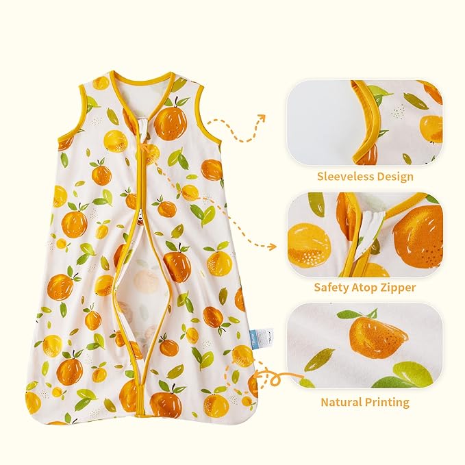 TILLYOU 2 Pack Baby Sleep Sack 6-12 Months 100% Cotton Wearable Blanket 0.5 TOG Sleeveless Summer Sleep Sacks with 2-Way Zipper, Orange Flavour & Orange