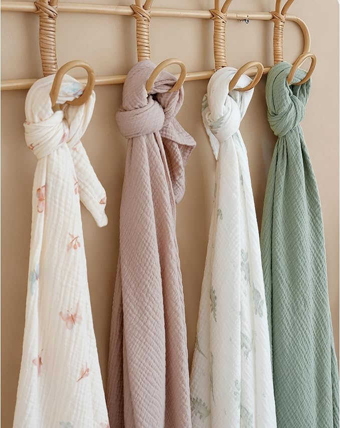 Konssy Muslin Swaddle Blankets for Boys Girls, 2 Pack Receiving Baby Blanket Large 47 x 47 inches, Soft Breathable Swaddling Wrap for Unisex Newborn (Taupe,Butterfly Dreams)