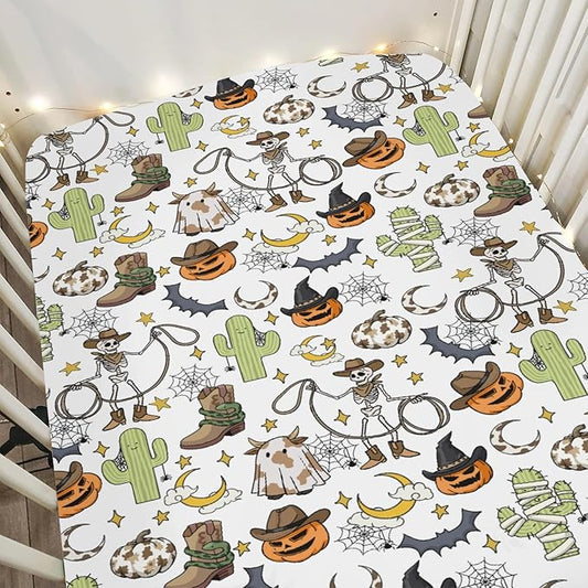 Western Halloween Cowboy Baby Crib Sheets for Boy Girl 52x28Inch Spooky Skeleton Pumpkin Cactus Witch Bats Soft Snug Fitted Crib Mattress Cover Wild West Country Baby Sheet for Crib & Toddler Mattress