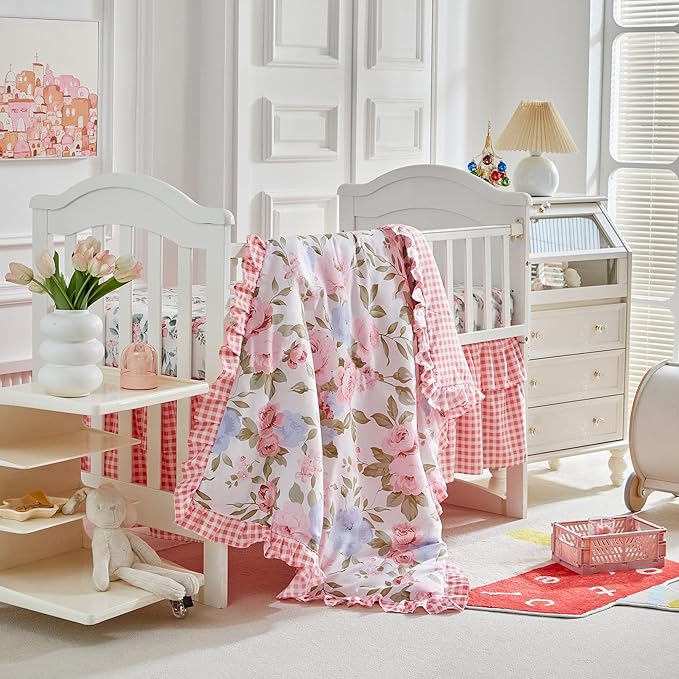 3 Piece Floral Crib Bedding Set, Soft Quilted Baby Comforter with Fitted Sheet & Ruffled Crib Skirt, Breathable and Cozy Shabby Chic Nursery Decor