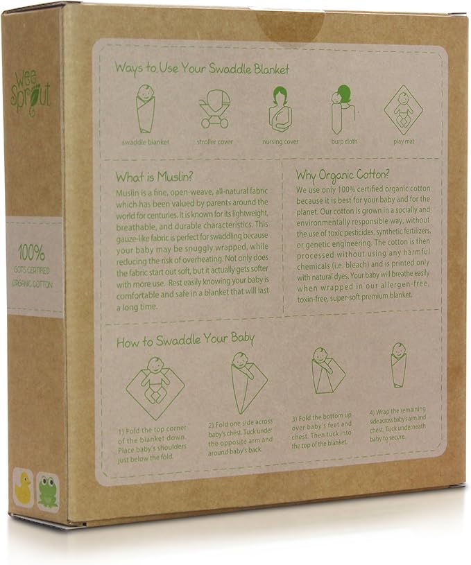 WeeSprout Organic Swaddle Blankets, Set of 2 muslin swaddle blankets, GOTs Certified Organic Cotton, Extra Large 47” x 47” for Easy Swaddling, Breathable Muslin Weave Organic Baby Blanket, Natural Dye
