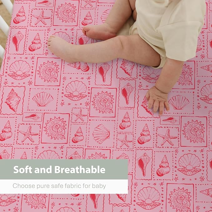 Pink Seashells Baby Crib Sheets for Boy Girl 52"x28" Boho Beach Conch Soft Stretchy Fitted Crib Mattress Covers Pastel Summer Coastal Nursery Baby Sheet for Standard Crib & Toddler Mattress Pad