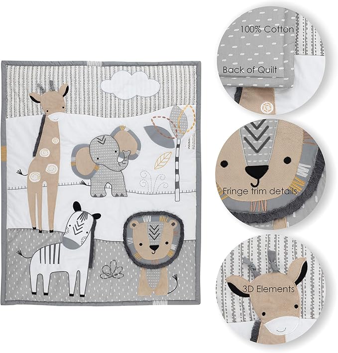 Lambs & Ivy Jungle Safari Gray/Tan/White Nursery 6-Piece Baby Crib Bedding Set