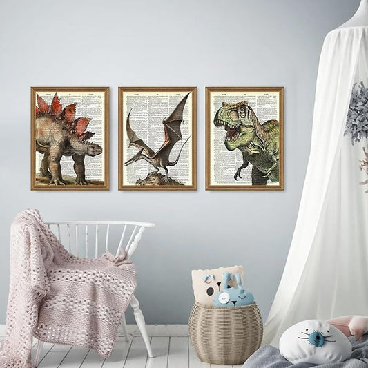 Ovczax 3 Pieces Dinosaur Wall Art - Dinosaur Room Decor, Tyrannosaurus Rex, Pterodactyl, Stegosaurus Canvas Wall Art Poster 16" x 12" With Framed