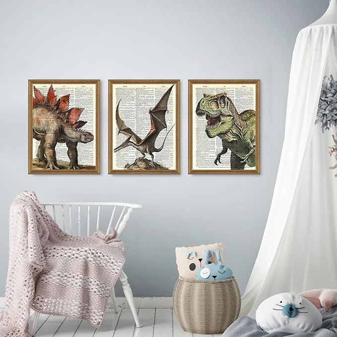 Ovczax 3 Pieces Dinosaur Wall Art - Dinosaur Wall Decor For Boys Room, Tyrannosaurus Rex, Pterodactyl, Stegosaurus Canvas Wall Art Poster 24" x 16"With Framed