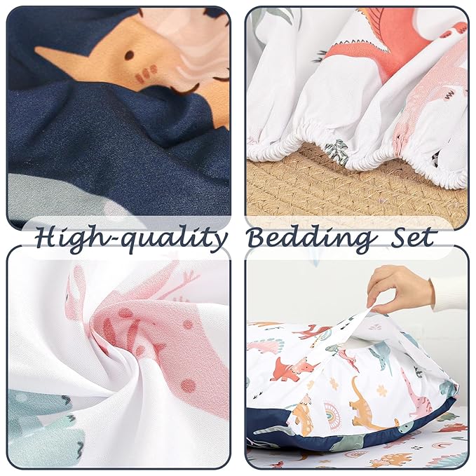 Toddler Bedding Set for Boys, 4 Piece Toddler Boy Bedding, Super Soft Crib Comforter Set Includes Comforter, Flat Sheet, Fitted Sheet, Pillowcase (Blue Dinosaur)
