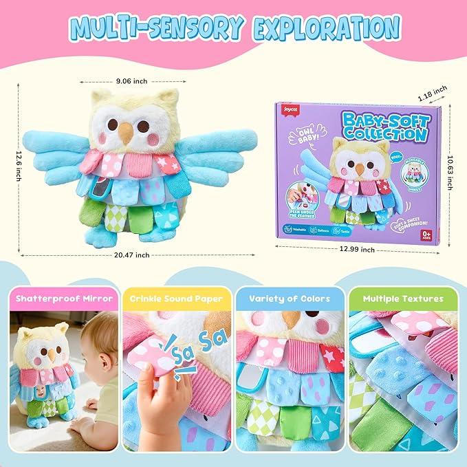 JoyCat Baby Toys for 0-12 Months,13 Inch Sensory Owl Stuffed Animal, Soft Montessori Tummy Time for Infant with Textured Crinkle Mirror, Carseat Toy for Newborn Boys & Girls Birthday Christmas Gifts