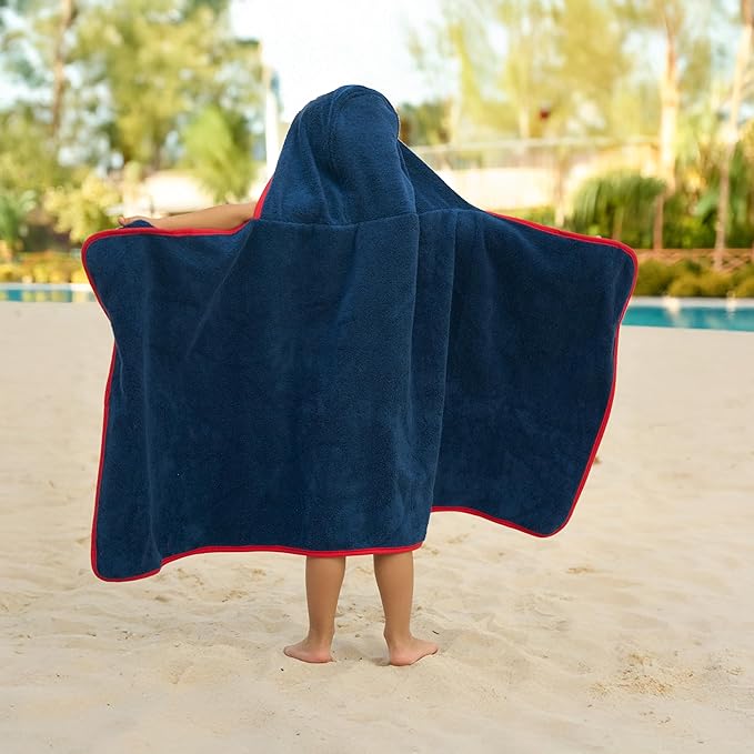 BAGNO MILANO Kids Organic Turkish Cotton Hooded Beach Cover-Up Towel, GOTS Certified, for Boys and Girls (Racer Navy, 24"x48"+8"/Hooded Towel)