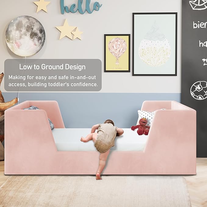Toddler Bed, Toddler Floor Bed Frame with Guard Rails, Kids Bed for Ages 2-6 Years, Certified Fabric