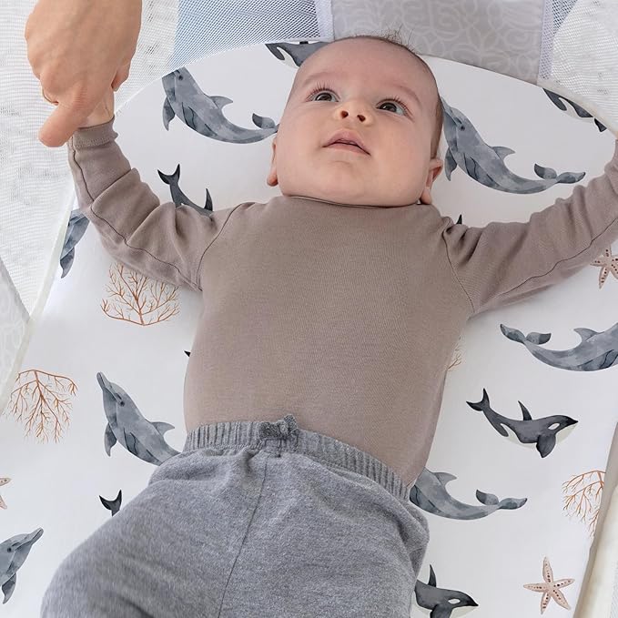 Stretch Fitted Bassinet Sheet Set BROLEX 2 Pack Cradle Sheets for Bassinet Pad/Mattress,Unisex Boys Girls,Ultra Soft,Dolphins Shells