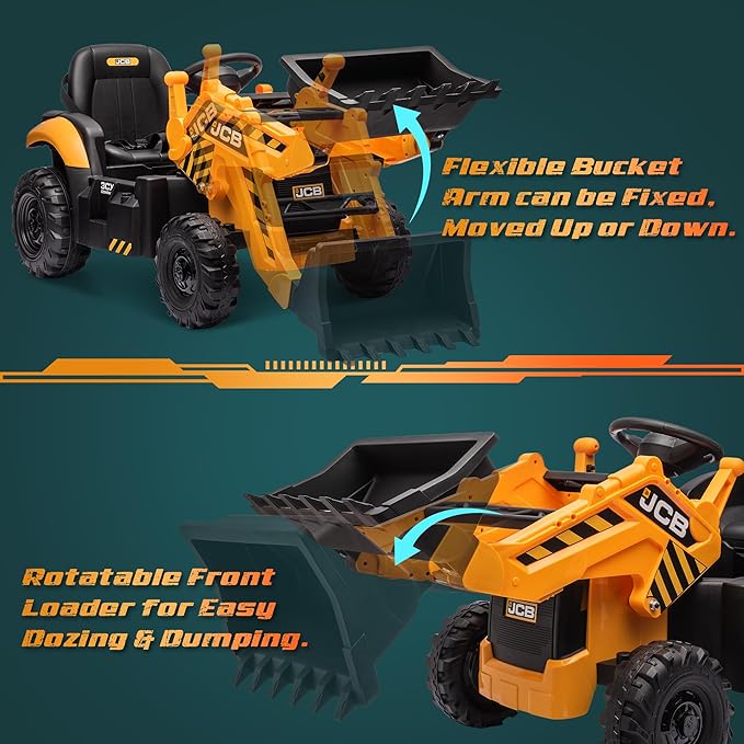 24V Excavator Ride on Toy, Licensed JCB 3CX Electric Backhoe Loader Car for Kids, Ride on Digger, Bulldozer & Construction Vehicles w/Remote Control, Bluetooth Music, Moving Parts, Adjustable Seat