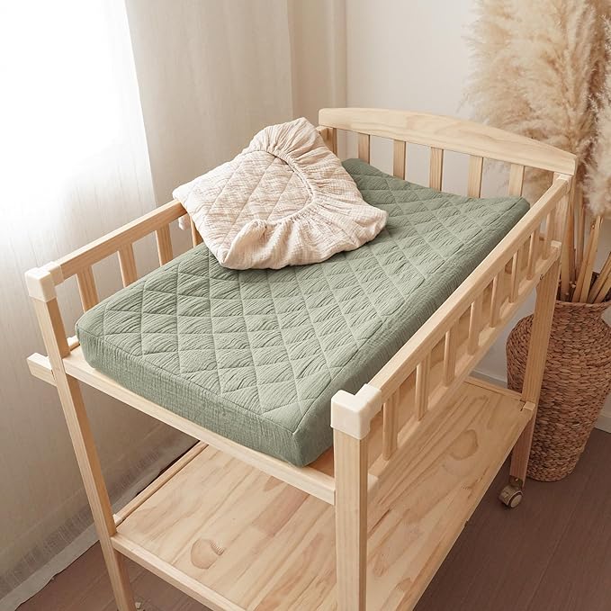 Konssy Waterproof Muslin Changing Pad Cover 2 Pack, Quilted Cotton Fitted Diaper Chang Table Cover, Soft Changing Pad Sheets for Girls Boys (Fog Green,Cream)